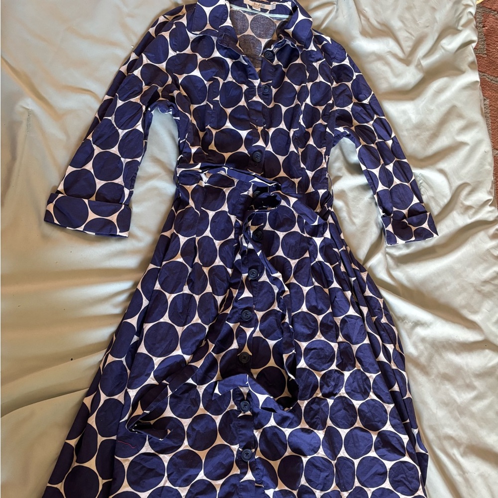 Boden Blue and White Polo Collar Long Sleeve Dress